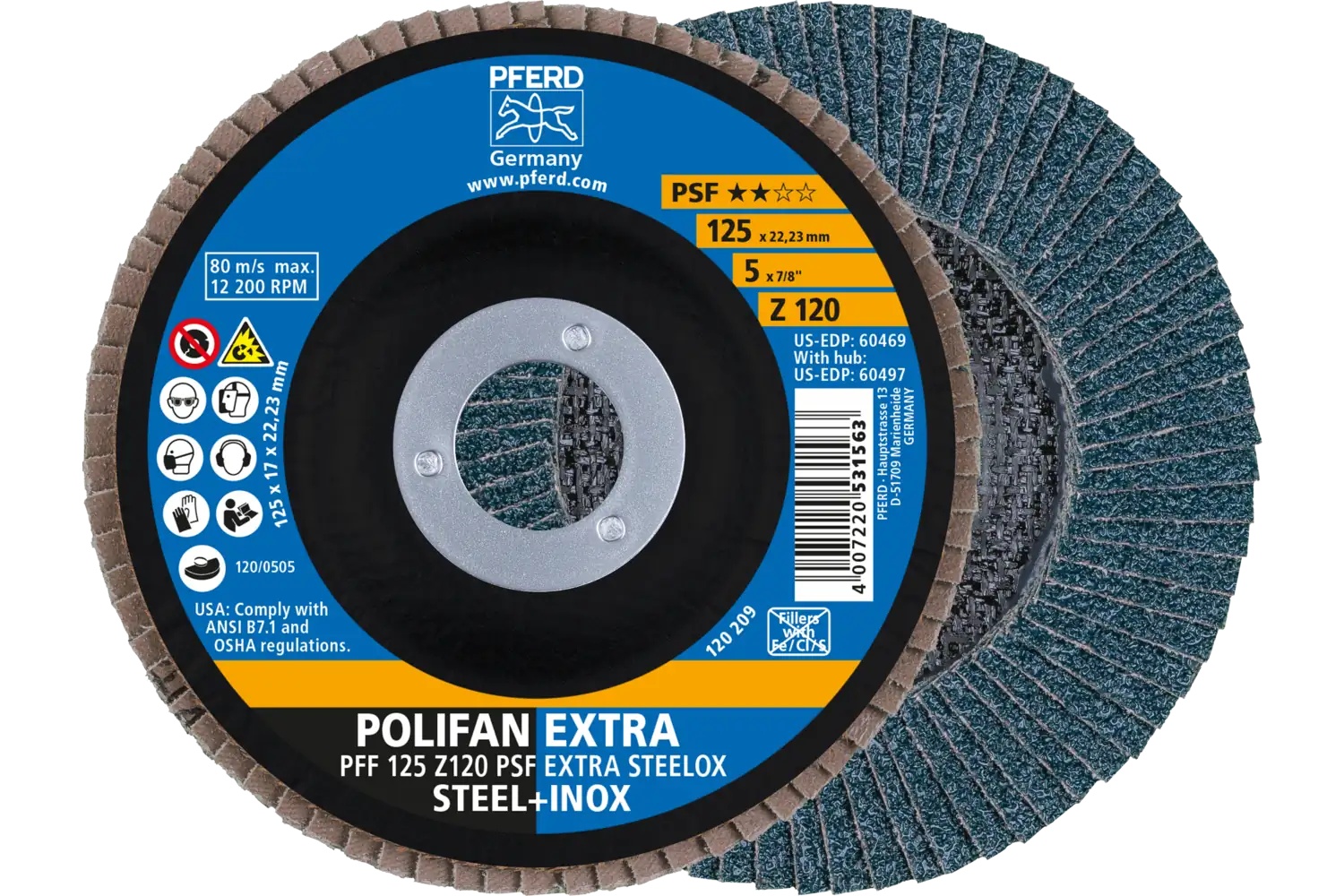 Picture of Pferd Flap Disc, 5" x 7/8, Z PSF Extra Steelox, 120 Grit, T27, Flat, Zirconia